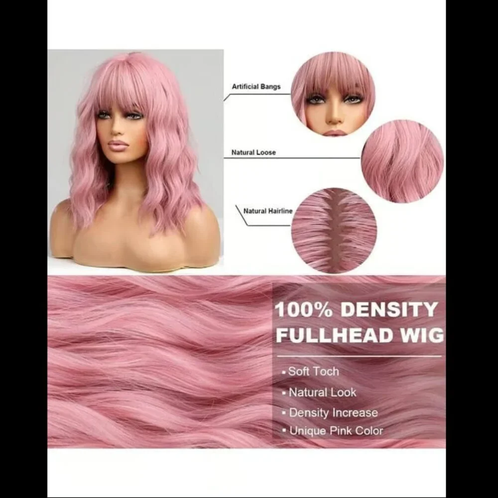 Soft Wavy Pink Women's Wig with Bangs - Fashionable Everyday Style